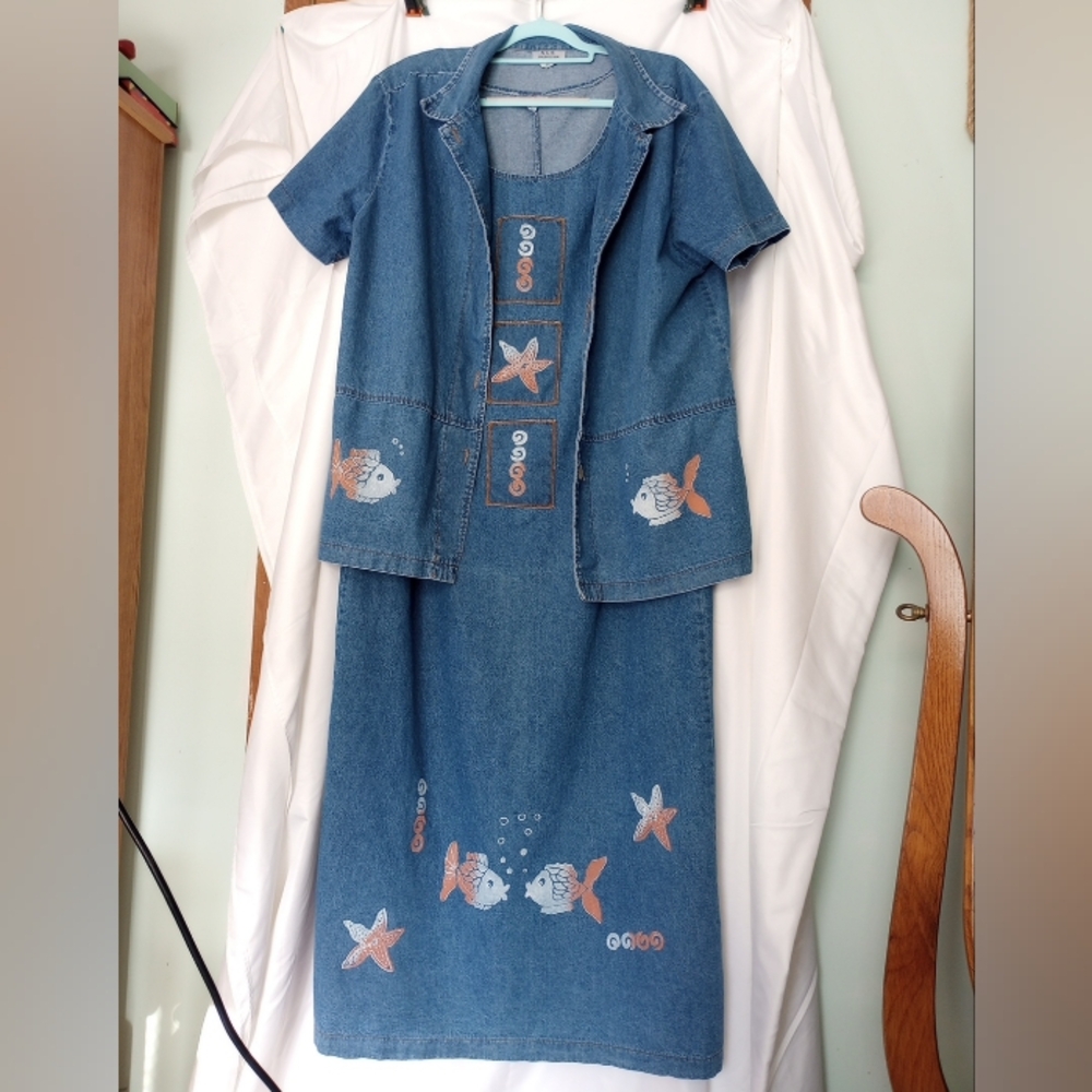 Vintage S & S Collection Blue Denim Maxi Dress/Jacket Set